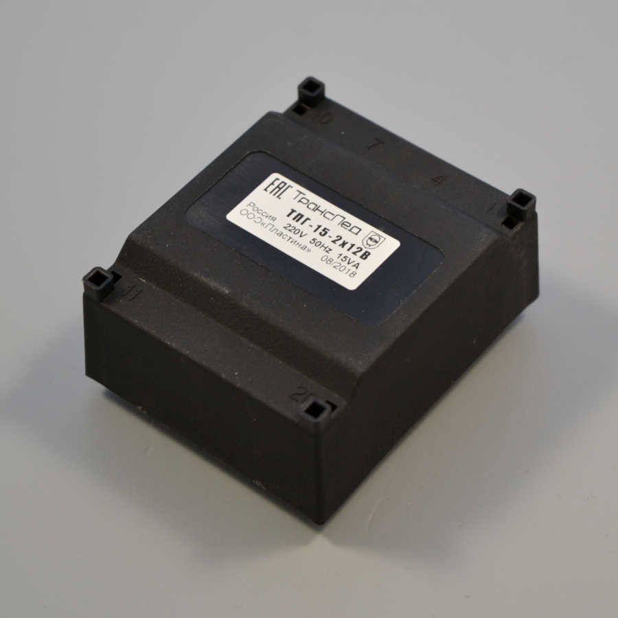ТПГ-15-2х12в плоский герметизированный трансформатор 220/(12+12) В (две вторичных обмотки), Pmax=15 Вт, размеры: 71х58х28,2 мм